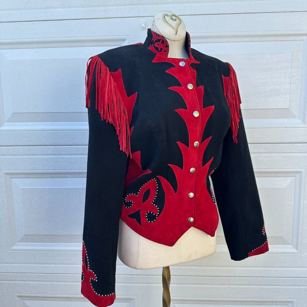 Vtg Western Suede Jacket Coat Tassels Fringe Red Black Corduroy Diamonds Leather